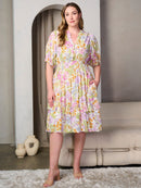PLUS SIZE SHORT SLEEVE V-NECK POCKETS FLORAL MIDI DRESS