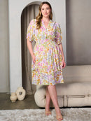 PLUS SIZE SHORT SLEEVE V-NECK POCKETS FLORAL MIDI DRESS