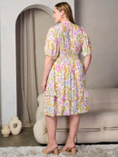 PLUS SIZE SHORT SLEEVE V-NECK POCKETS FLORAL MIDI DRESS