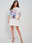 WOMEN'S SHORT SLEEVE FRONT POCKETS GRAPHIC MINI DRESS