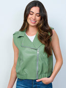 WOMEN'S SLEEVELESS ZIP UP FRONT POCKETS PU PLEATHER VEST