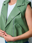 WOMEN'S SLEEVELESS ZIP UP FRONT POCKETS PU PLEATHER VEST
