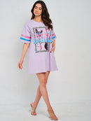 WOMEN'S SHORT SLEEVE FRONT POCKETS GRAPHIC MINI DRESS