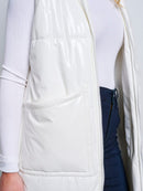 WOMEN'S SLEEVELESS ZIP UP FRONT POCKETS PU PLEATHER LONG PUFFER VEST