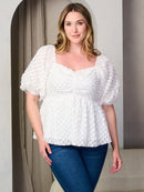 PLUS SIZE SHORT PUFF SLEEVE V-NECK DETAILED BLOUSE TOP