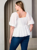 PLUS SIZE SHORT PUFF SLEEVE V-NECK DETAILED BLOUSE TOP