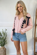 Find Love Pink Bow Detail Button Down Chunky Sweater Cardigan (Open Pack)