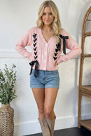 Find Love Pink Bow Detail Button Down Chunky Sweater Cardigan (Open Pack)