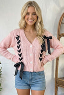 Find Love Pink Bow Detail Button Down Chunky Sweater Cardigan (Open Pack)