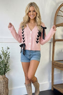 Find Love Pink Bow Detail Button Down Chunky Sweater Cardigan (Open Pack)