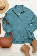 Beautiful You Teal Button Down Sharkbite Cotton Tunic Top (Open Pack)