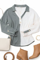 Start Your Day Olive Half & Half Collared Notched Neck Top (Open Pack)