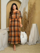 WOMEN'S SHORT SLEEVE PLAID TIERED MIDI DRESS