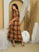 WOMEN'S SHORT SLEEVE PLAID TIERED MIDI DRESS