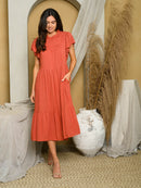 WOMEN'S SHORT SLEEVE SWISS DOTS TIERED MIDI DRESS