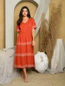 WOMEN'S SHORT SLEEVE TIERED EMBROIDERY MIDI DRESS