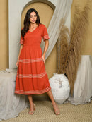 WOMEN'S SHORT SLEEVE TIERED EMBROIDERY MIDI DRESS