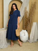 WOMEN'S SHORT SLEEVE PLEATED MAXI DRESS