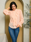 WOMEN'S LONG SLEEVE SWISS DOT RUFFLE TOP