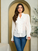 WOMEN'S LONG SLEEVE SWISS DOT RUFFLE TOP