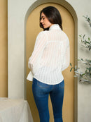 WOMEN'S LONG SLEEVE SWISS DOT RUFFLE TOP