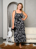 PLUS SIZE SLEEVELESS SMOCK LEAF PRINT MAXI DRESS