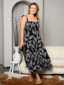 PLUS SIZE SLEEVELESS SMOCK LEAF PRINT MAXI DRESS