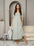 WOMEN'S SWEETHEART NECK SMOCKED BUST POCKETS MAXI DRESS