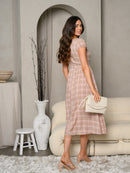 WOMEN'S SWEETHEART NECK PLAID BUTTON UP MIDI DRESS