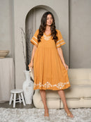 WOMEN'S SHORT SLEEVE V-NECK EMBROIDERY MIDI DRESS