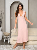 WOMEN'S SLEEVELESS RUFFLE V-NECK DITSY FLORAL MIDI DRESS