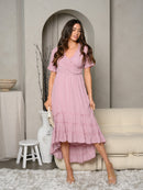 WOMEN'S SHORT SLEEVE SURPLICE BODICE TIERED HI-LO DRESS