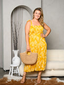 PLUS SIZE SLEEVELESS SMOCK LEAF PRINT MAXI DRESS