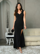 WOMEN'S SLEEVELESS V-NECK FRONT SLIT BODYCON MAXI DRESS