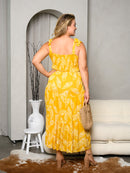 PLUS SIZE SLEEVELESS SMOCK LEAF PRINT MAXI DRESS