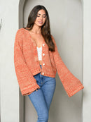WOMEN'S LONG BELL SLEEVE BUTTON UP SWEATER