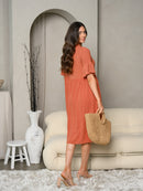 WOMEN'S SHORT SLEEVE V-NECK BUTTON UP SELF TIE MIDI DRESS