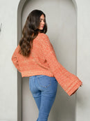 WOMEN'S LONG BELL SLEEVE BUTTON UP SWEATER