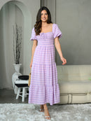 WOMEN'S SHORT SLEEVE SMOCK PLAID MAXI DRESS