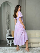 WOMEN'S SHORT SLEEVE SMOCK PLAID MAXI DRESS