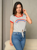 WOMEN'S SHORT SLEEVE GRAPHIC "BLESSES" FRONT TIE TOP