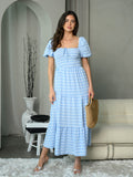 WOMEN'S SHORT SLEEVE SMOCK PLAID MAXI DRESS