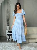WOMEN'S SHORT SLEEVE SMOCK PLAID MAXI DRESS
