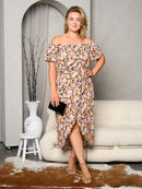 PLUS SIZE OFF SHOULDER FLORAL SURPLICE MIDI DRESS