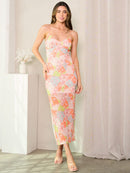 WOMEN'S SLEEVELESS BODYCON BACK SLIT FLORAL MAXI DRESS