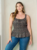 PLUS SIZE SLEEVELESS SMOCK PLEPLUM FLORAL TANK TOP