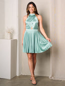 WOMEN'S SLEEVELESS MOCK NECK FRONT KEYHOLE SATIN MINI DRESS