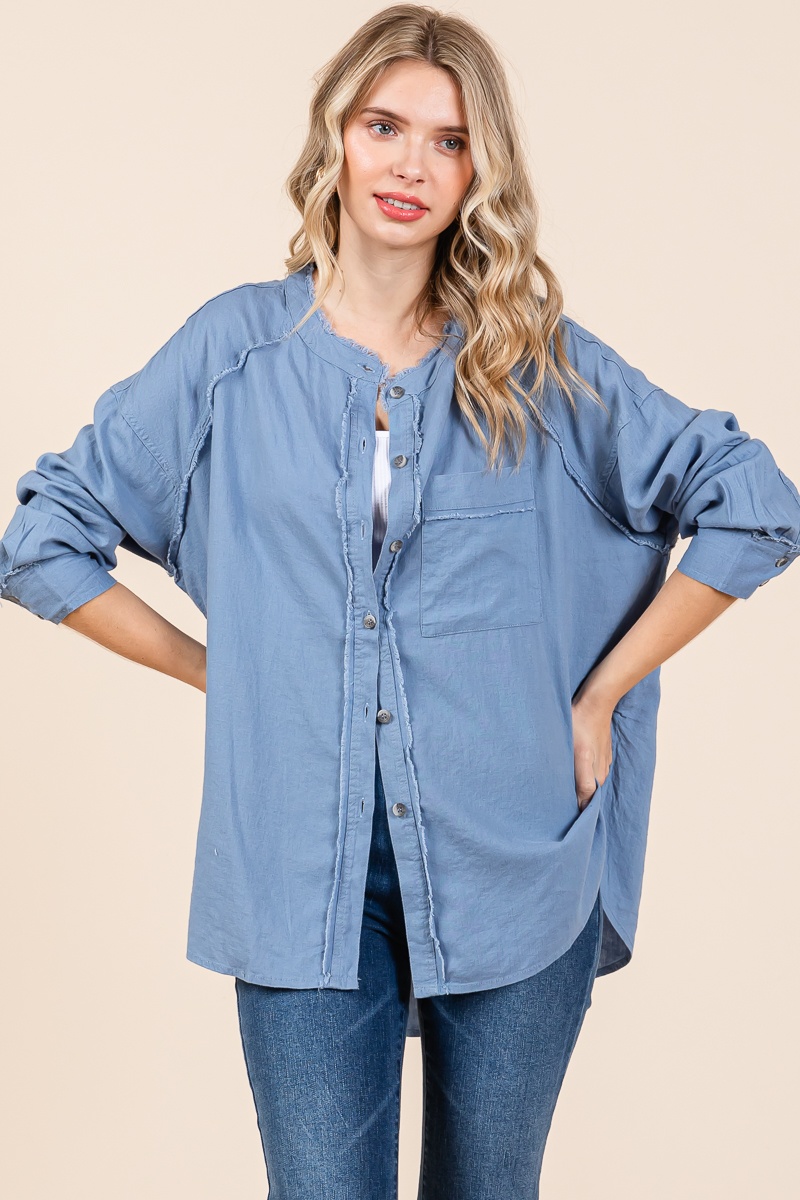 Women's Garment Washed Frayed Button Up Shirt - Outfit of the Day Wholesale